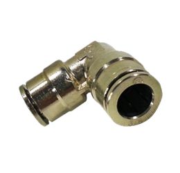 1/4 Coupling Elbow - Push Lock Rated for 1500PSI Nickel Plated Brass used for our misting system to go around corners. Can bused with Low, Mid, And High Pressure Systems.