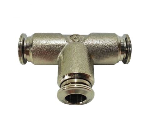 1/4 Coupling Tee - Push Lock  Rated for 1500PSI Nickel Plated Brass used for our misting system to split a mist line in three directions. Can be used with Low, Mid, And High-Pressure Systems.