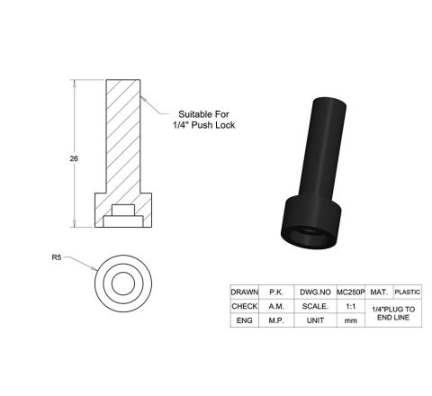 1/4'' Plug to End Line. Use with any of 1/4'' Push lock fittings to block/end the mist line. Compatible with Mid and High-Pressure Mist Systems.