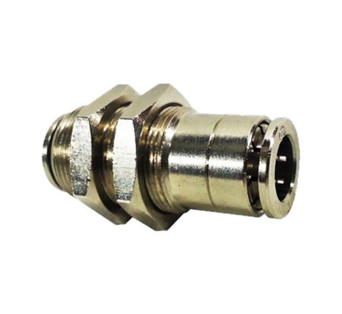 3/8 Bulkhead - Push Lock Rated for 1500PSI Nickel Plated Brass used in our misting pumps as inlets and outlets.