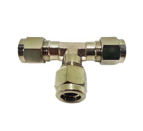 3/8 Compression Tee Rated 1500PSI Nickel Plated Brass used for our misting system to unit two mist lines with misting in the center. Can be used with Low, Mid, And High-Pressure Systems.